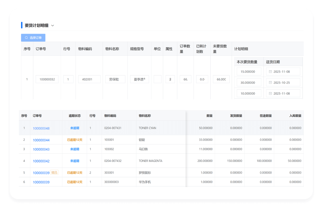 SRM系统订单协同功能界面截图